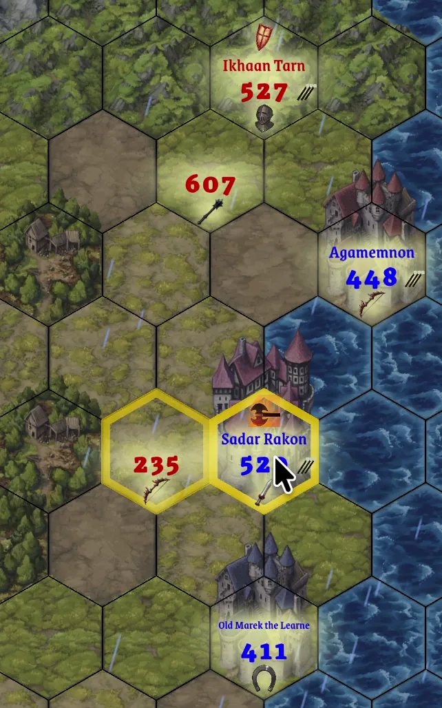 A close-up of Sadar Rakon selecting a weakened enemy unit on the hex battlefield